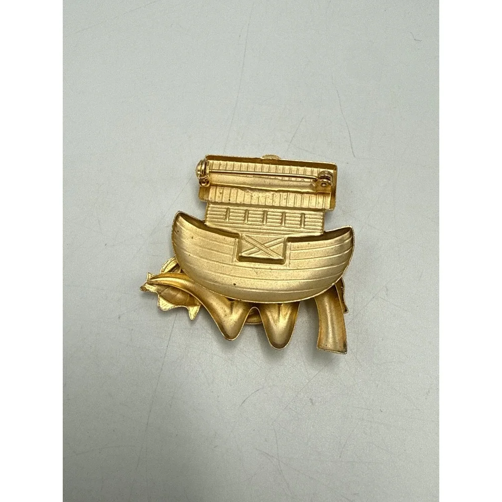 Vtg Noahs Ark Brooch Gold Tone Religious Animal‎ Pin Turtle Dolphin Fish 1.5in